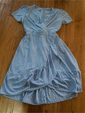 London Style Light Blue Eyelet Wrap Dress